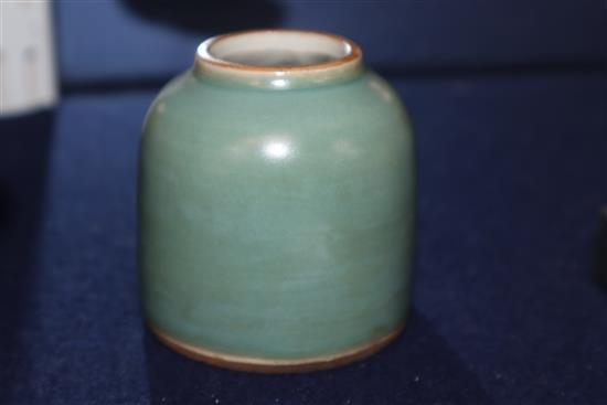 A Chinese blue and white tea bowl and a Chinese green glazed ink pot tallest 6cm